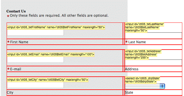 Screenshot of form with tables, no labels, and required field indicator